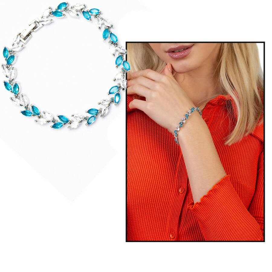 Wheat Design White-Turquoise Zircon Stone Full Round Steel Women's Bracelet - 10