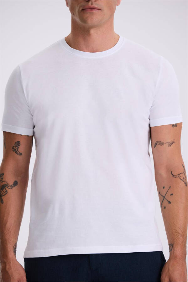 White 100% Cotton Slim Fit Crew Neck Basic T-Shirt - 3