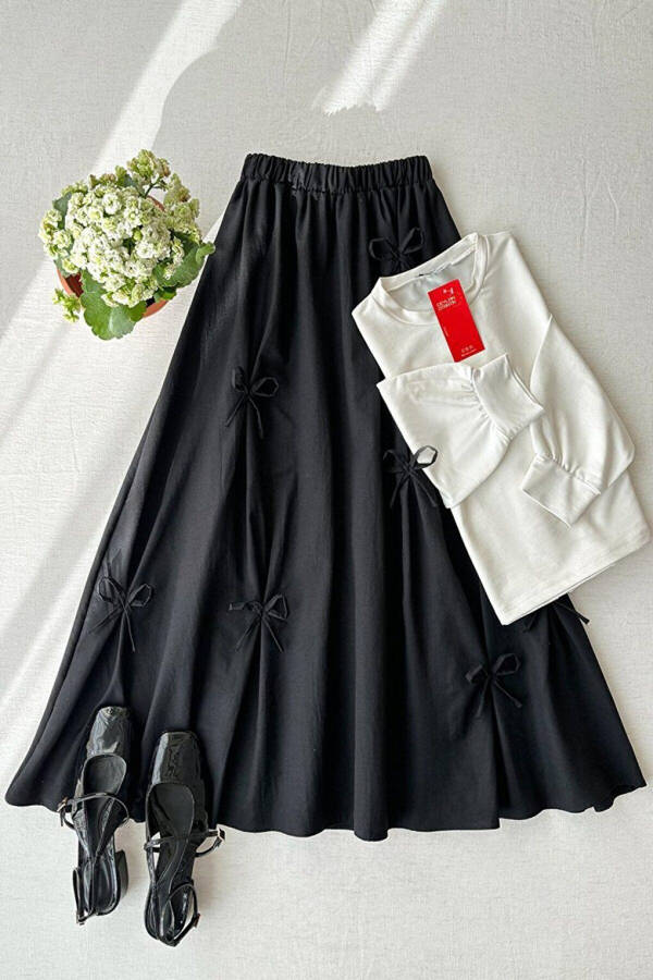 White 2-Thread Crop Top & Black Bow Skirt Set - 1