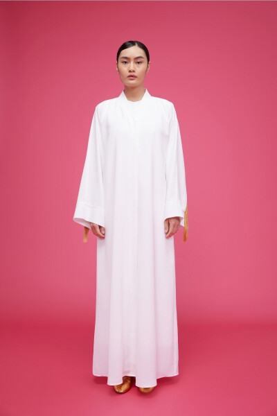 White Abaya with Fringe Detail - 2