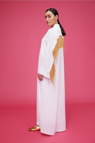 White Abaya with Fringe Detail - 3