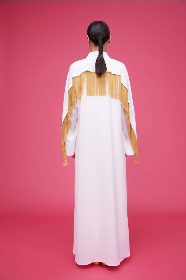 White Abaya with Fringe Detail - 7