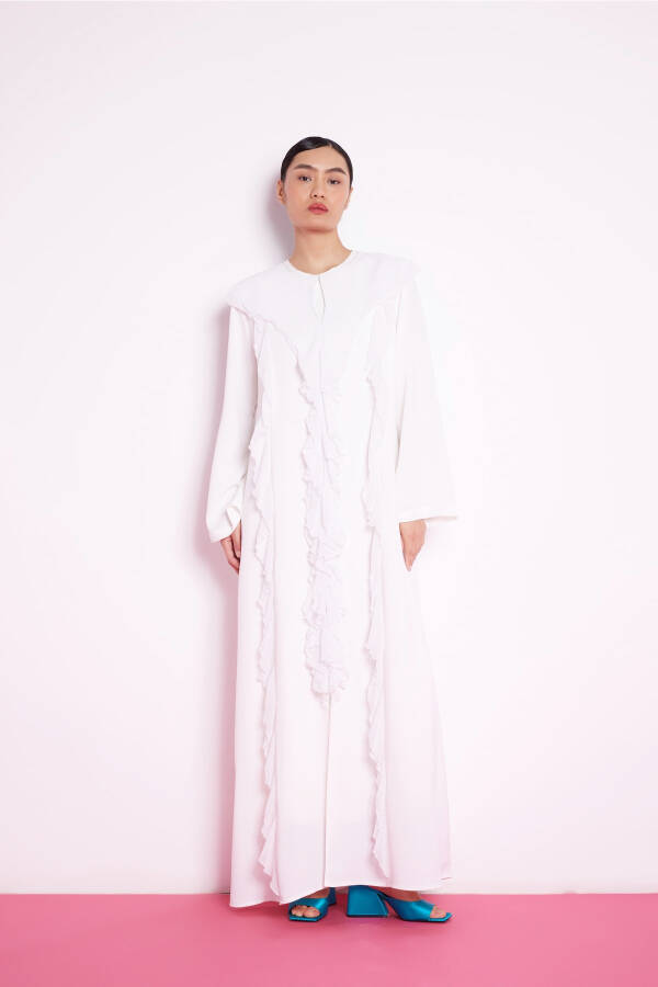 White Abaya with Ruffled Stripes - 1