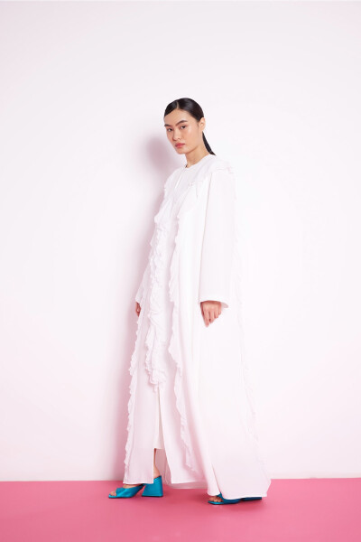 White Abaya with Ruffled Stripes - 3