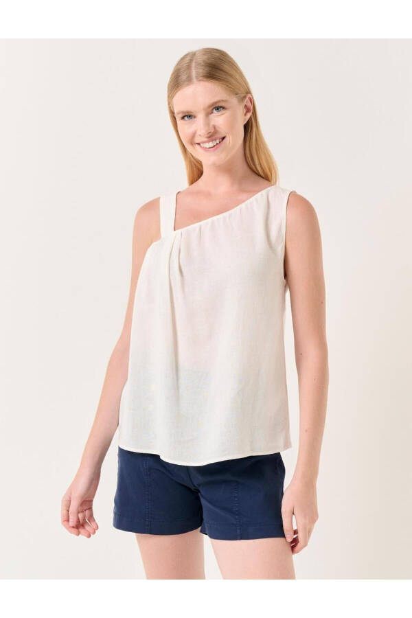 White Asymmetrical Collar Strapless Linen Blouse - 19