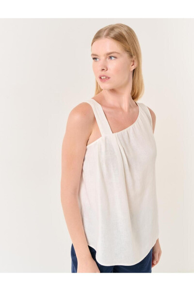 White Asymmetrical Collar Strapless Linen Blouse - 20