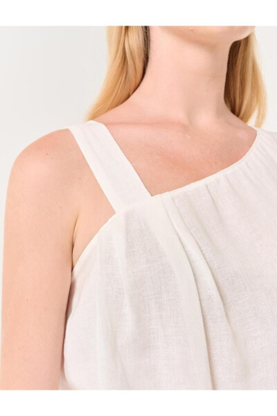 White Asymmetrical Collar Strapless Linen Blouse - 21