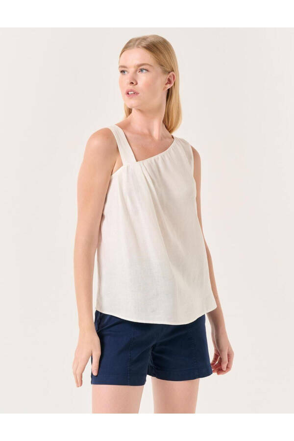 White Asymmetrical Collar Strapless Linen Blouse - 22