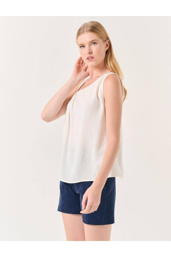 White Asymmetrical Collar Strapless Linen Blouse - 23