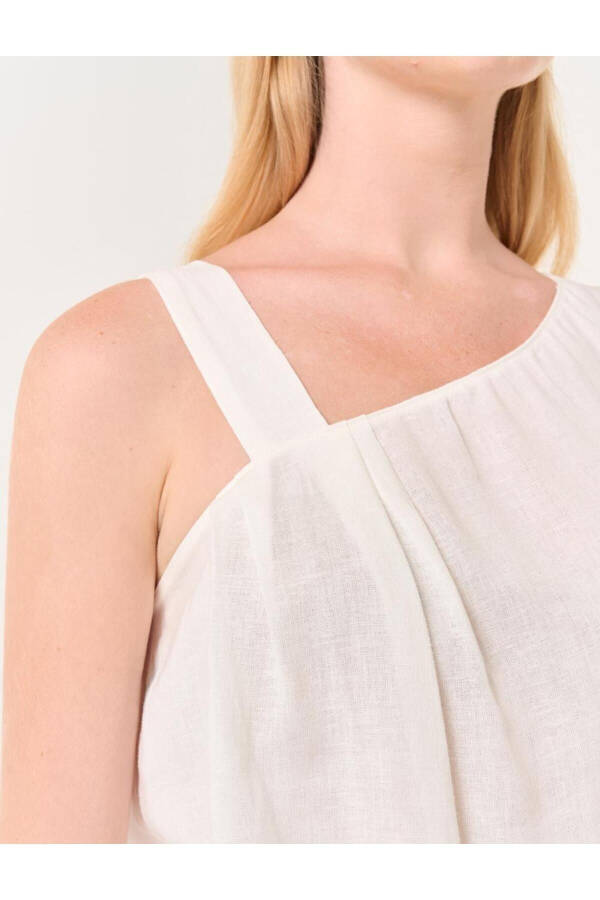 White Asymmetrical Collar Strapless Linen Blouse - 15