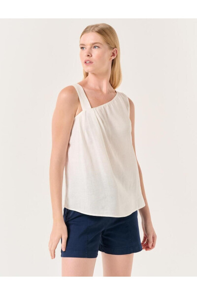 White Asymmetrical Collar Strapless Linen Blouse - 16