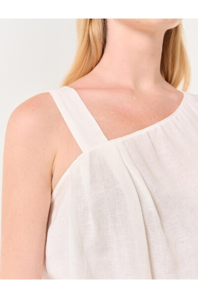 White Asymmetrical Collar Strapless Linen Blouse - 3