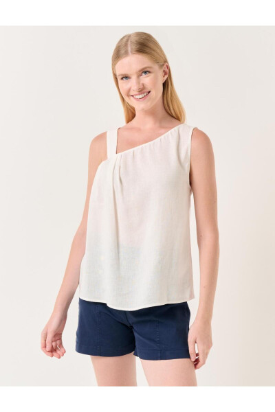 White Asymmetrical Collar Strapless Linen Blouse - 25