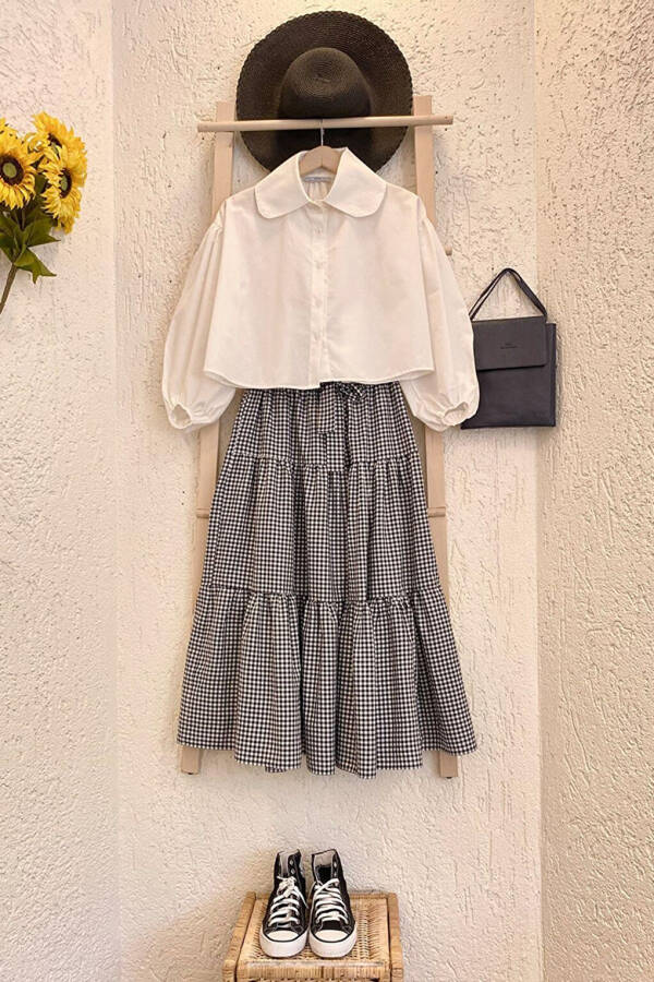 White Baby Collar Crop Shirt & Black Plaid Layered Skirt Set - 1