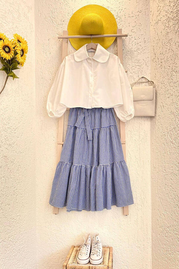 White Baby Collar Crop Shirt & Blue Checkered Layered Skirt Set - 1