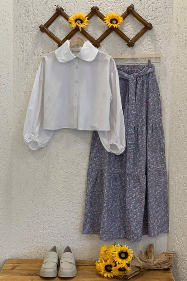 White Baby Collar Crop Shirt & Blue Small Flower Layered Skirt Set - 1