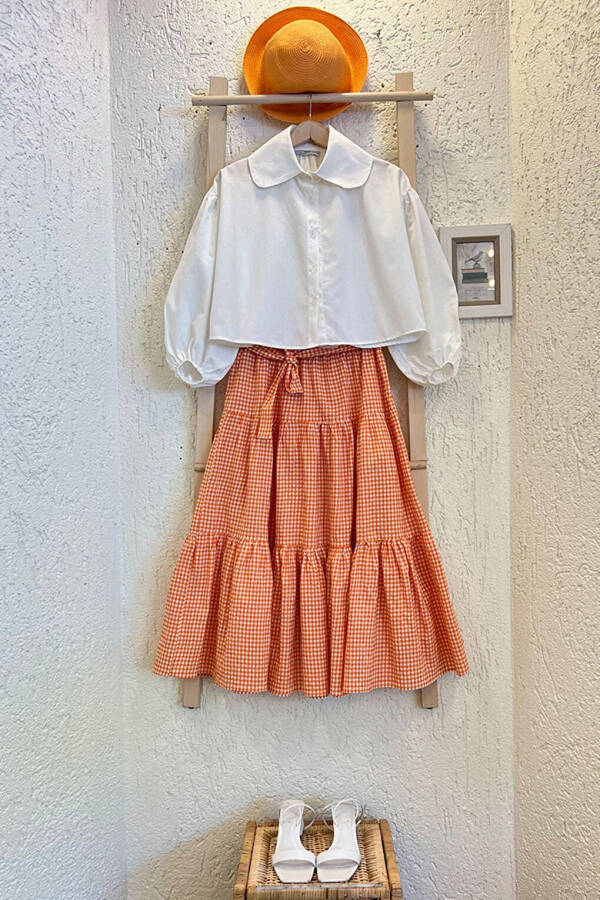 White Baby Collar Crop Shirt & Orange Plaid Layered Skirt Set - 1