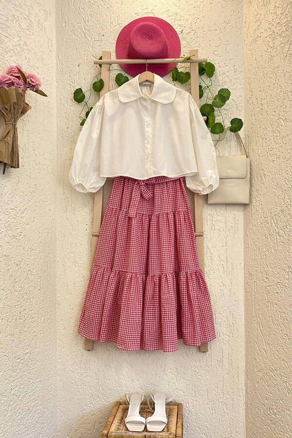 White Baby Collar Crop Shirt & Pink Gingham Layered Skirt Set - 1