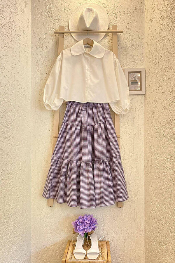 White Baby Collar Crop Shirt & Purple-white Plaid Layered Skirt Set - 1