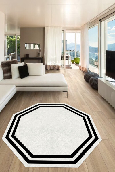 White Black Octagonal Round Rug - 1