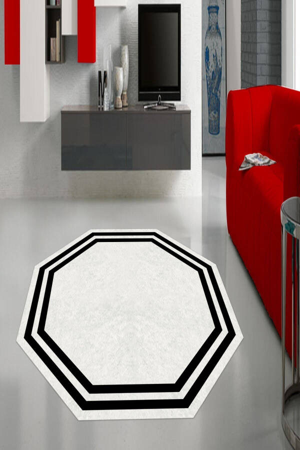 White Black Octagonal Round Rug - 2