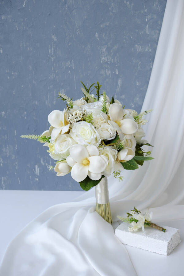 White Bridal Bouquet with Magnolia - 3