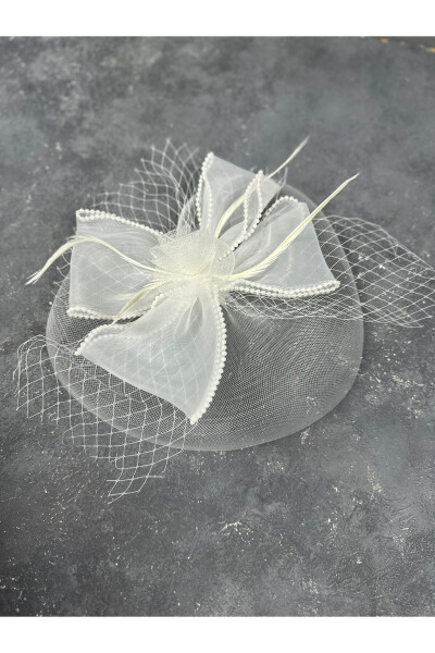 White Bridal Costume Cap with Pearl Feather Detail Wedding Hat - 1