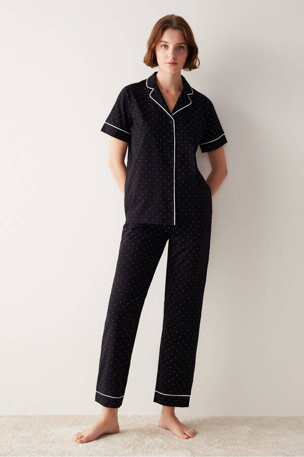 White Dotted Black Shirt and Pants Pajama Set - 12