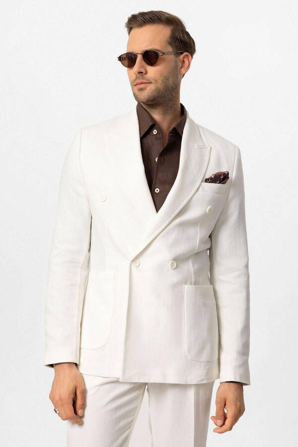 White Double-Breasted Linen Blend Men's Blazer Jacket - 15