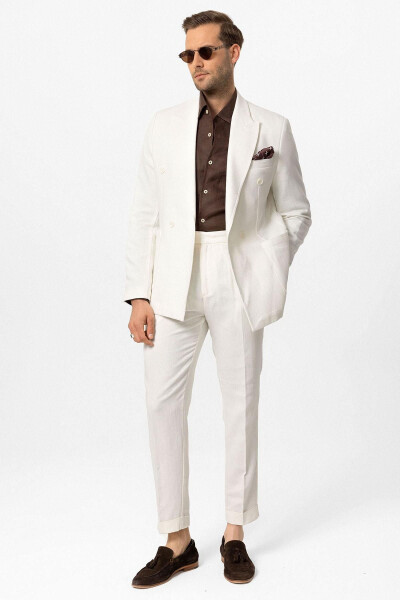 White Double-Breasted Linen Blend Men's Blazer Jacket - 16