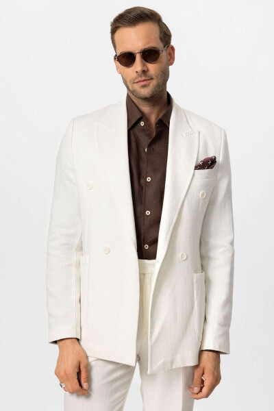 White Double-Breasted Linen Blend Men's Blazer Jacket - 17