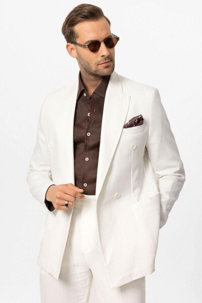 White Double-Breasted Linen Blend Men's Blazer Jacket - 18