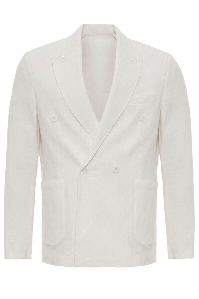 White Double-Breasted Linen Blend Men's Blazer Jacket - 14