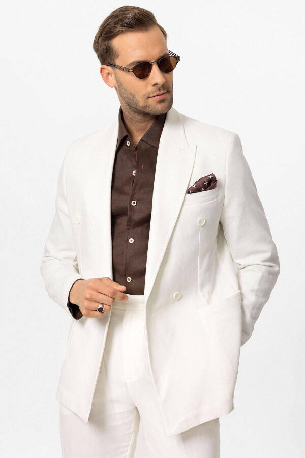 White Double-Breasted Linen Blend Men's Blazer Jacket - 4