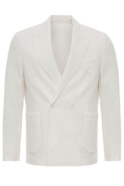 White Double-Breasted Linen Blend Men's Blazer Jacket - 7