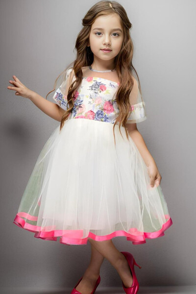 White Dress with Tulle, Rose Pattern, Ribbon and Bow Details for Girls - 1