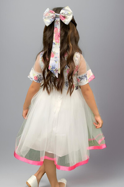 White Dress with Tulle, Rose Pattern, Ribbon and Bow Details for Girls - 2