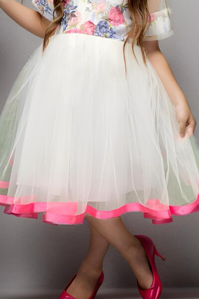 White Dress with Tulle, Rose Pattern, Ribbon and Bow Details for Girls - 3