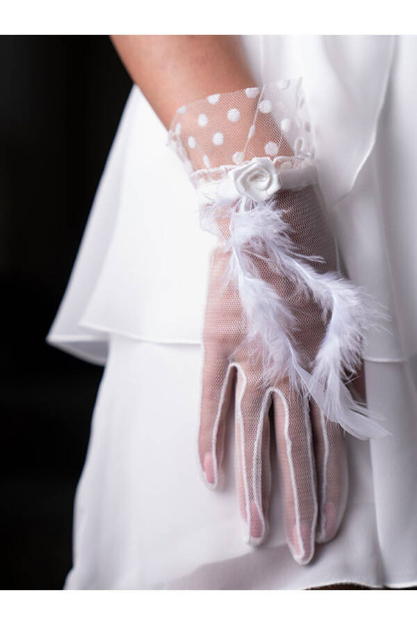 White Feathery Wedding Gloves - 6