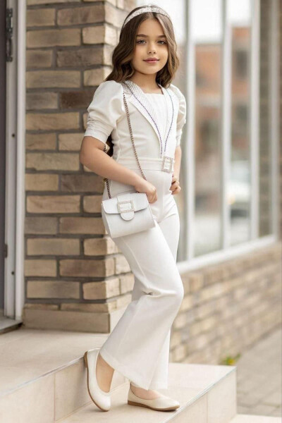 White Jumpsuit for Girls with Embroidered Stones, Half Sleeves, Belt Detail and Bag - 1