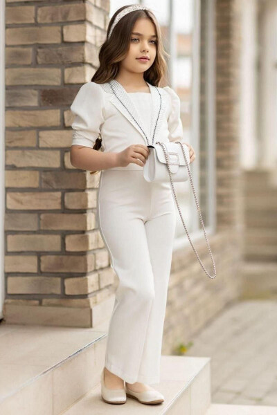 White Jumpsuit for Girls with Embroidered Stones, Half Sleeves, Belt Detail and Bag - 4