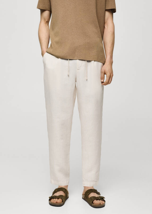 White linen pants with stripes and pleats. - 7