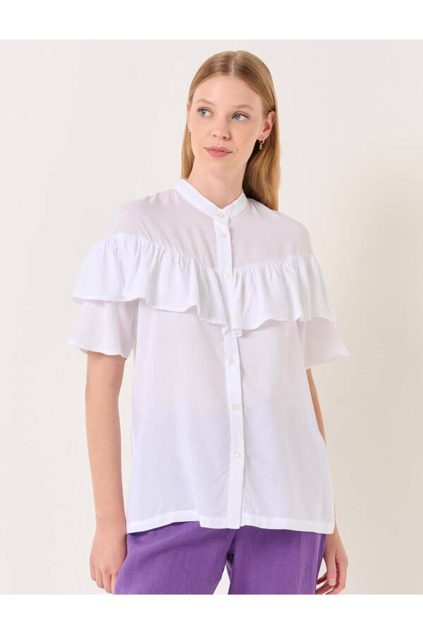 White Mandarin Collar Short Sleeve Ruffle Detail Shirt - 13