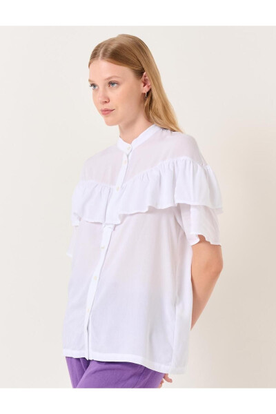 White Mandarin Collar Short Sleeve Ruffle Detail Shirt - 14