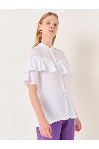 White Mandarin Collar Short Sleeve Ruffle Detail Shirt - 15