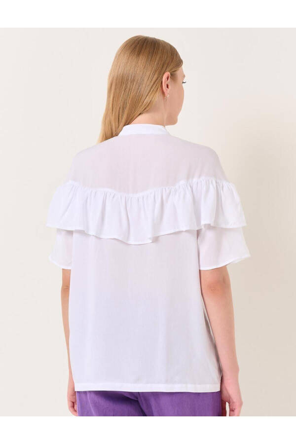 White Mandarin Collar Short Sleeve Ruffle Detail Shirt - 16