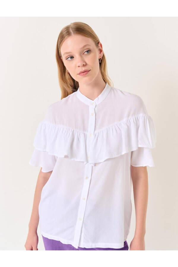 White Mandarin Collar Short Sleeve Ruffle Detail Shirt - 17