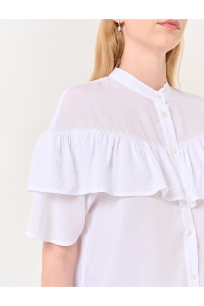 White Mandarin Collar Short Sleeve Ruffle Detail Shirt - 18