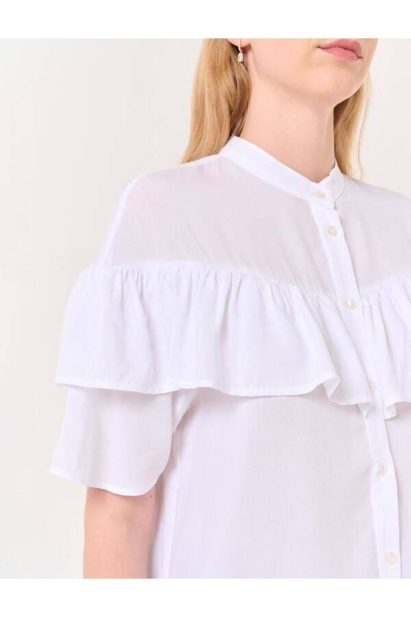 White Mandarin Collar Short Sleeve Ruffle Detail Shirt - 18