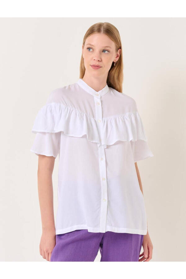 White Mandarin Collar Short Sleeve Ruffle Detail Shirt - 3